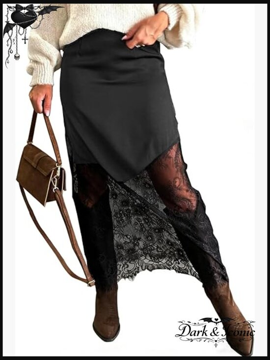 Dresses & Skirts - Long Lace Maxi Skirt with Satin Slip, Elastic Waist, Boho A-Line Style